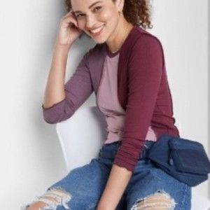 Wild Fable Long Sleeve Lettuce Hem Purple Crop Top Ribbed Boxy Fit Color Block